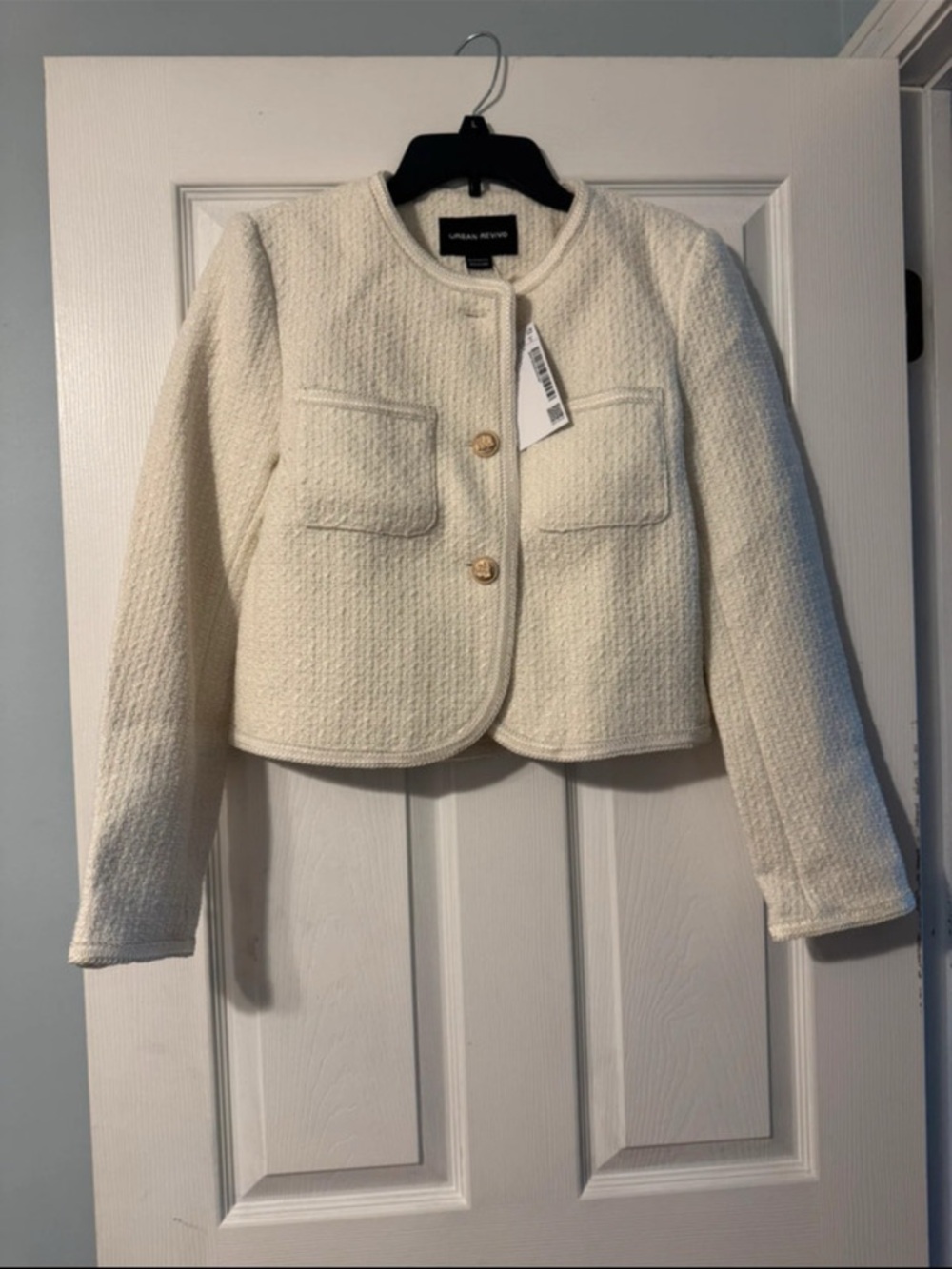 Urban Revivo Cream Cropped Tweed Jacket